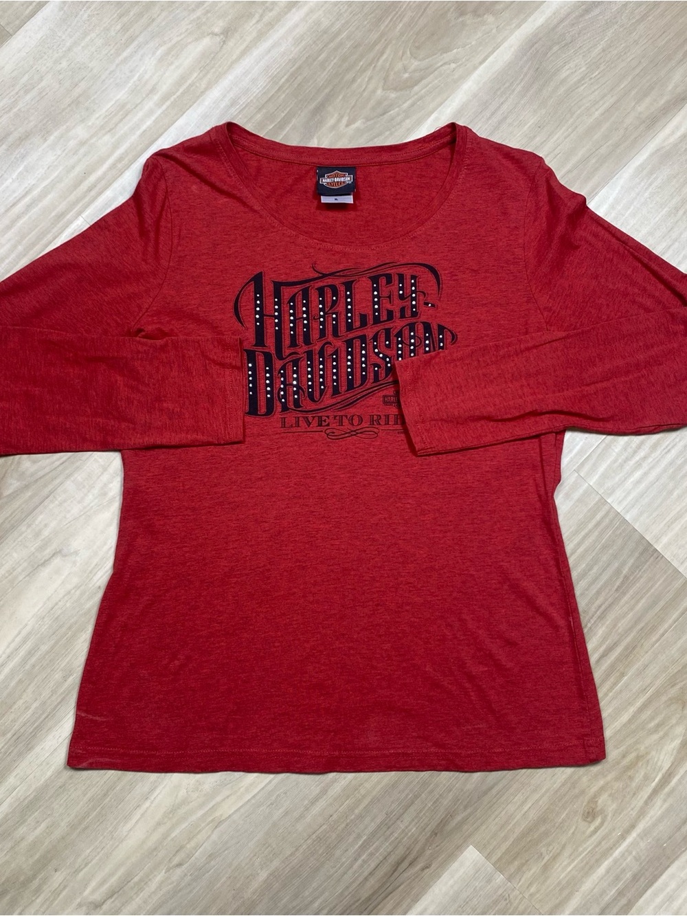 Harley-Davidson Shirt Womens XL Red Heather Long Sleeve Rhinestone Live To Ride